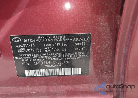 2013 Hyundai Elantra Gls z USA, uszkodzony, nr VIN 5NPDH4AE5DH358120